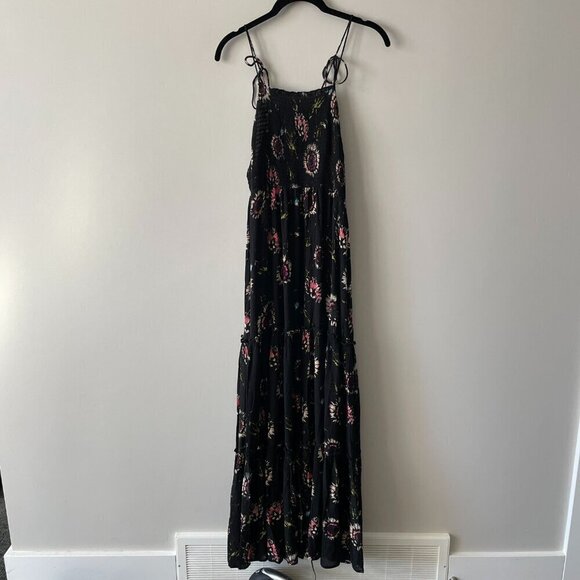 Free People Garen Party Floral Print Smocked Tiered Casual Maxi Dress Black XS - Picture 3 of 9